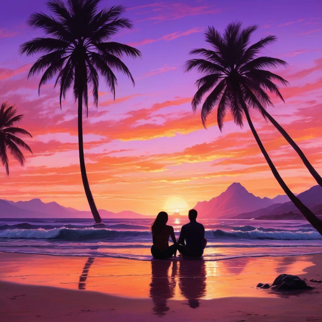 A serene scene of two people sitting closely on a tranquil beach at sunset, sharing a heartfelt conversation, with soft waves lapping at their feet. Vivid hues of orange, pink, and purple fill the sky, symbolizing warmth and connection. In the background, silhouettes of gentle palm trees and distant mountains add to the intimacy of the moment. super-realistic. vibrant colors. soft lighting.