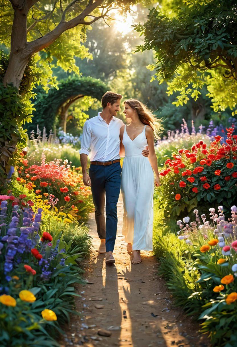 A serene, enchanting scene depicting two individuals joyfully discovering each other in a beautiful garden filled with vibrant flowers and soft, glowing sunlight. The background shows a winding path symbolizing the journey to love, with elements like intertwined hearts in the foliage and a gentle breeze creating movement in their hair. The expressions on their faces radiate joy and connection. super-realistic. vibrant colors. soft focus.